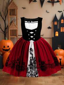 Tween Girls 2pcs Set Vintage Princess Dress & Cape With Ribbon, Velvet, Printed Satin Patchwork, Suitable For Halloween Party, Ball, Without Headband - Multicolor - View 6