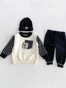Infant Toddler Boys Girls Korean Style 2 Pieces Knit Set, 2 In 1 Patchwork Black & White Striped Long Sleeve Pullover Sweater With Puppy Cartoon Applique And Denim Pocket Decor, Black Ribbed Cuffed Pants - Black and White - View 4