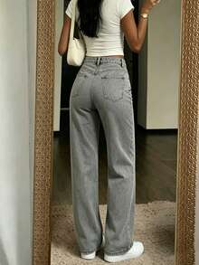 Women's Fashion Vintage Grey Straight Leg Jeans, Loose Drape Slimming Street Style Long Pants - Grey - View 5
