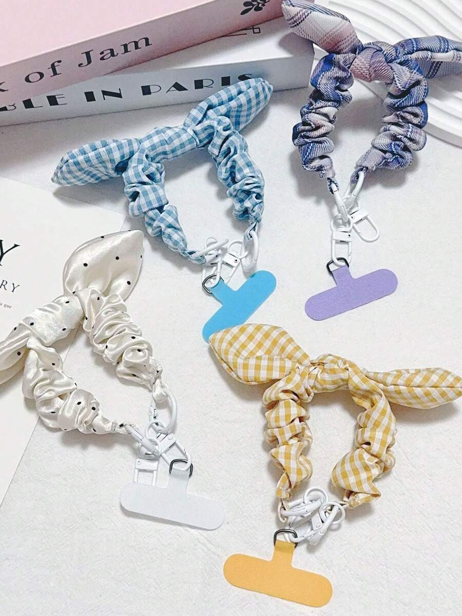 1pc Plaid Polka Dot Bow Elastic Rope Phone Strap Earphone Case Lanyard Bag Charm Versatile Handheld - Multicolor - View 1