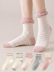 ZUJO 5 Pairs Sweet Women's Lace Mid-Calf Socks, Striped & Ditsy Floral Pattern, Simple Comfortable Breathable, Suitable For Spring, Autumn, Winter Wear - Multicolor - View 5