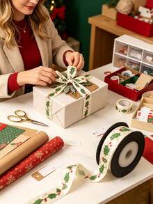 4.5m Vintage Holly Print Ribbon, Suitable For Gift Wrapping, Holiday Party Celebration Bow Decoration, Also Can Be Used For Sewing DIY Handicrafts - Multicolor - View 3