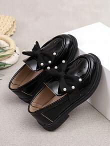 Shu Rui Fashion Girls Pearl Bow Loafers, Elegant Versatile Slip-On Flat Shoes, Daily And School Wear Student Shoes - Black - View 4