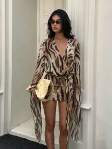 Slim Fit Halter Neck Backless Zebra Print Knit Mini Dress, Long Sleeve Sexy Short Holiday Outfit - Khaki - View 1