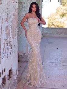 Elegant Mermaid Strapless Evening Gown - Exquisite Embroidered Sequin Formal Dress Fall Wedding Party - Champagne - View 2