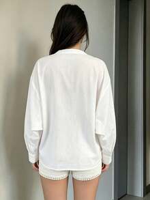 Women's Casual Fashion White Solid Color Sheer Stand Collar Front Button Regular Fit Long Sleeve Shirt, Suitable For Home, Office, Daily Wear, All Seasons - White - View 2