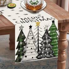 1pc Christmas Table Runner, Merry Christmas Plaid Christmas Tree Snowflake Print Table Runner, Holiday Table Home Decor, Accessories Not Included - Multicolor - View 3