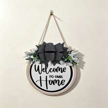 Charming Front Door Decor, 1pc 2D Flat Welcome Sign Door Hanger - Round Wooden Hanging Plaque With Faux Greenery Accents, Front Door Wreath, Welcome Home, Front Door Sign, Front Door Hanging Decor, All-Season Wooden Wreath, Housewarming Gift - White Welcome Wreath - View 2