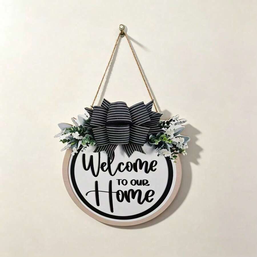 Charming Front Door Decor, 1pc 2D Flat Welcome Sign Door Hanger - Round Wooden Hanging Plaque With Faux Greenery Accents, Front Door Wreath, Welcome Home, Front Door Sign, Front Door Hanging Decor, All-Season Wooden Wreath, Housewarming Gift