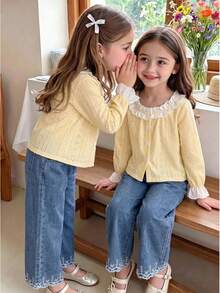 2pcs Girls Fresh Sweet Style Hollow Lace Trim Square Neck Long Sleeve Cardigan Top With Embroidered Hem Straight Leg Denim Jeans Set, Spring/Autumn - Gold - View 2
