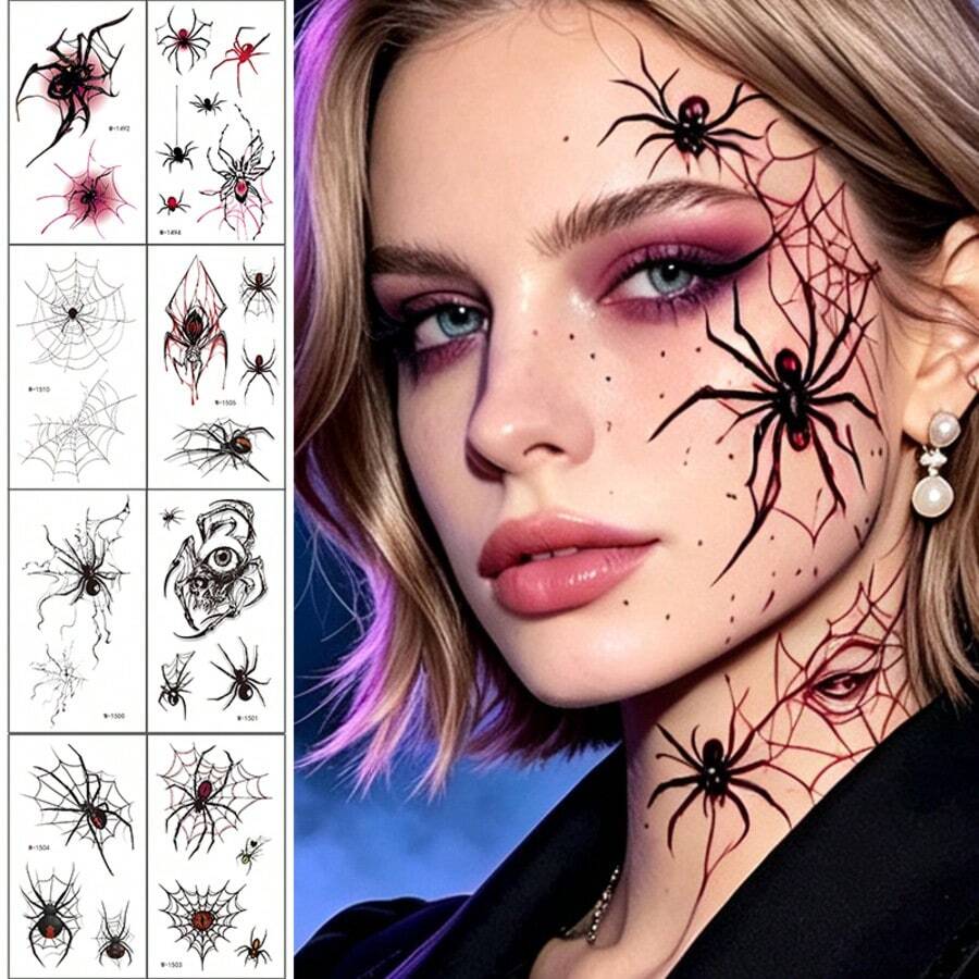 8 Sheets Halloween Spider Web Temporary Tattoo Stickers, Long-Lasting Easy To Apply And Remove, Self-Adhesive Red Black Spider Skull Gothic Face Body Decals For Cosplay Haunted House Carnival Decor