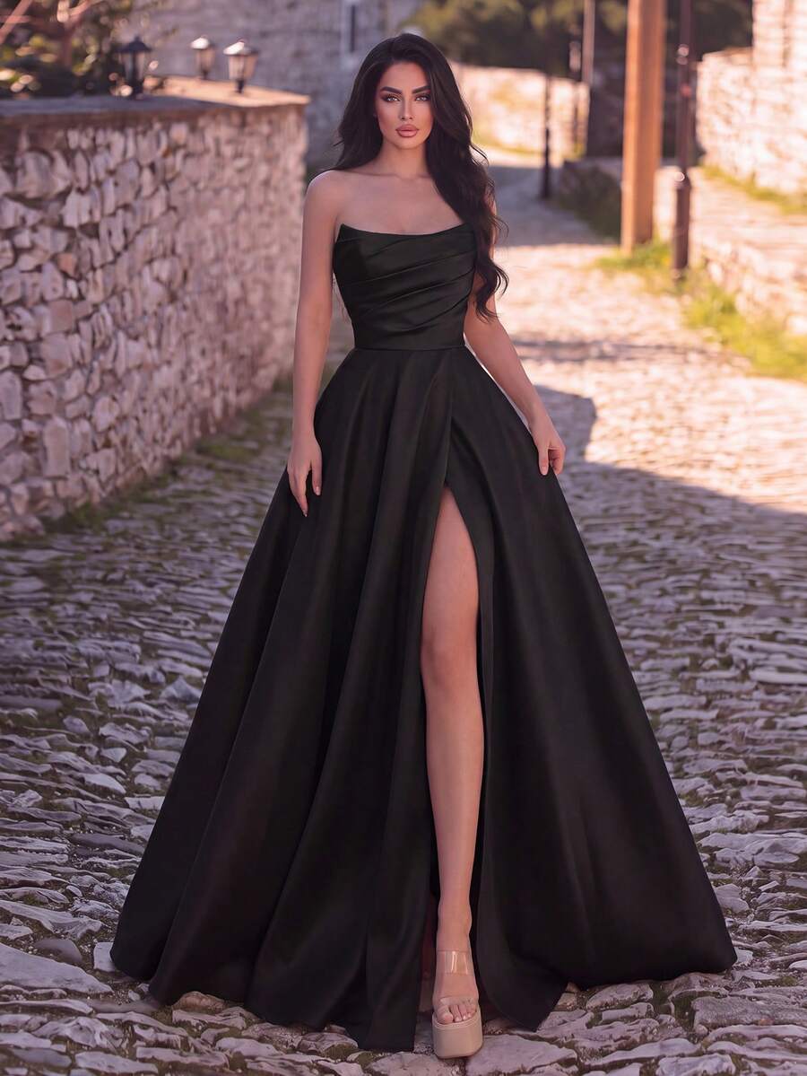 Faeriesty 女款優雅百褶修身高開衩晚禮服,春夏正式洋裝,秋季婚禮派對黑色 - 黑色 - 查看 1
