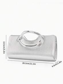 Minimal Evening Clutch, Long Rectangular Hard Frame Bag, PU Leather, Curved Silver Ring Handle, Women Stylish Handbag For Wedding & Evening Banquet - Silver - View 8