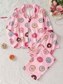 Tween Girl Fashion Casual Comfortable Cute Skin-Friendly Colorful Donut Digital Print Long Sleeve Cardigan & Pants Set, Suitable For Autumn/Winter Home & Daily Wear - Pink - View 2