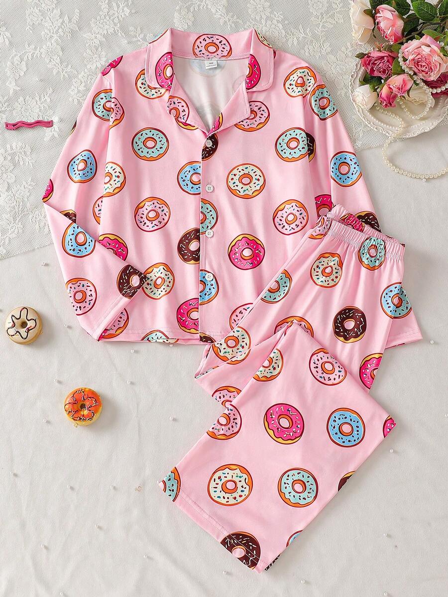 Tween Girl Fashion Casual Comfortable Cute Skin-Friendly Colorful Donut Digital Print Long Sleeve Cardigan & Pants Set, Suitable For Autumn/Winter Home & Daily Wear