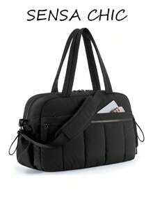 Travel Bag With Quilted Plaid Pattern, Ruched Hem And Metal Zipper Decor, Handheld And Crossbody Multi-Compartment Storage For Clothes And Digital Accessories, Zipper Closure, Minimalist Puff Style, Travel And Gym Bag, Unisex Short Trip, Sports And Commute, Practical Luggage Bag - Black - View 4