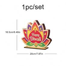 HAPPY DIWALI Party Decoration Wooden Tabletop Ornament Diwali Festival Celebration Lotus Lamp Plaque - Multicolor - View 5