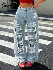 Jeans Kaki Lurus Robek untuk Wanita - Light Wash - View 4