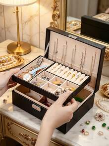 1pc Double Layer Large Capacity Jewelry Box, Portable Travel Jewelry Box, Gift Leather Jewelry Storage Box, Exquisite Display Packaging Storage Container, Jewelry Earrings, Necklace, Bracelet, Pendant Storage Display Box. - Multicolor - View 4