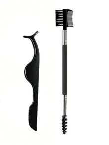 2pcs Eyelash Tweezers And Dual-Head Multi-Purpose Eyebrow Brush, False Eyelash Extension Tweezers, Removal Clamp Tweezers, Women's False Eyelash Application Tool - Black - View 7