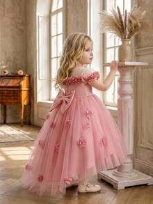 Baby Girls 3D Floral Mesh Bow Cute Party Dress Suitable For 1st Birthday Flower Girl Without Headband - Dusty Pink - View 2