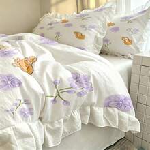 2/3pcs Rabbit & Purple Flower Pattern Ruffled Duvet Cover Set, Set Includes 1 Duvet Cover + 1/2 Pillowcases, No Filling - Soft, Comfortable, Breathable Bedding, Suitable For All Seasons, Perfect For Creating A Cozy And Warm Bedroom, Guest Room, Ultra-Soft Breathable Moisture-Wicking Bedding - Multicolor - View 1