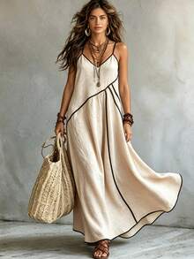 Vestido casual de mujer para primavera/verano con ribete de contraste, tela tejida transpirable, cuello en V, corte holgado, atuendo atmosférico para playa, vacaciones y salidas diarias - Caqui - Ver 2