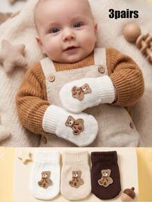 3 Pairs Embroidered Bear Cartoon Knitted Gloves For Boys, Full Finger, Candy Color, Thickened For Autumn/Winter - 3 Pairs - View 3