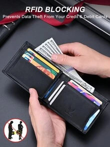 VINCESS Men's Genuine Leather Wallet, Fashionable Slim Card Holder With Multiple Slots And RFID Blocking, Cowhide Coin Purse, Fashionable Geometric Design, Casual Fashion Daily Use, Perfect For Men's Holiday Gift, Valentine's Day Gift - Black - View 5