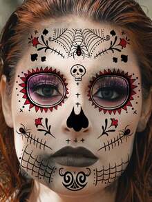 6pcs Halloween Day Of The Dead Face Tattoo Stickers, Skull Spider Web Face Decoration Temporary Tattoos - Multicolor - View 4