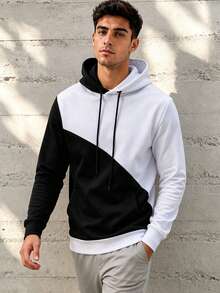Men's Color Block Sweatshirt With Thermal Lined For Autumn/Winter - Black and White - View 5