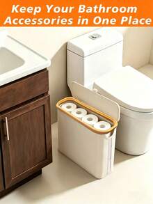 1pc Toilet Paper Storage Basket With Bamboo Lid, Wooden Bathroom Storage Rack, Easy Install Toilet Paper Holder, Home Kitchen Supplies, Bathroom Accessories Storage Rack, Toilet Paper Storage Box, Christmas, Autumn Bathroom Accessories - Multicolor - View 12