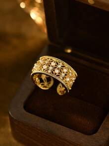 1pc Minimalist Elegant Vintage Pattern Filigree Mesh Faux Pearl Fashion Ring For Women, Wedding, Banquet, Traditional Festival Accessory - Yellow Gold - View 6