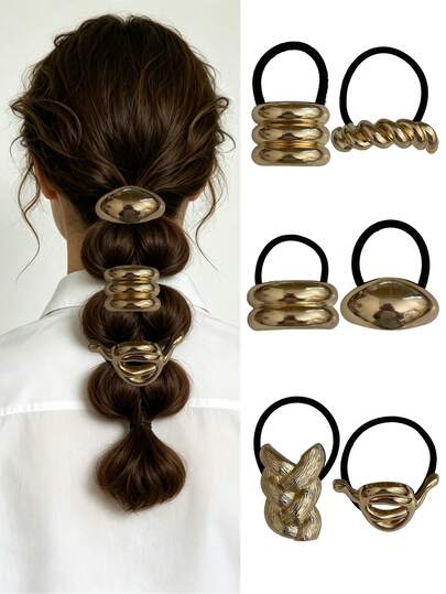 6/3pcs Multi-Style Metal Decorative Women's Hair Ties, Premium Distressed Gold Braid Hair Accessories, Daily Sports Hair Styling Accessories, Women's Accessories, Women's Hair Accessories, Gift Recommendation