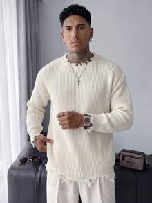 Men's Fashion Casual Versatile Daily Commute Home Wear Distressed Fringe Crew Neck Long Sleeve Loose Ribbed Pullover Knit Sweater Autumn/Winter - Apricot - View 1
