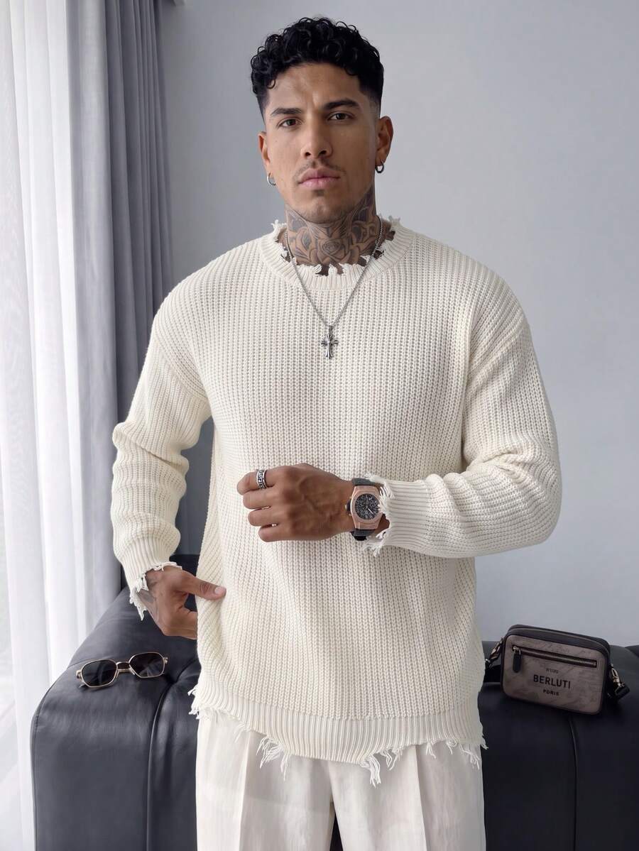 Men's Fashion Casual Versatile Daily Commute Home Wear Distressed Fringe Crew Neck Long Sleeve Loose Ribbed Pullover Knit Sweater Autumn/Winter - Apricot - View 1
