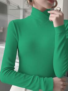 女款純色針織交叉設計立領打底 T-shirt 上衣，辦公穿搭，新年，秋冬新品 - 青綠 - 查看 4