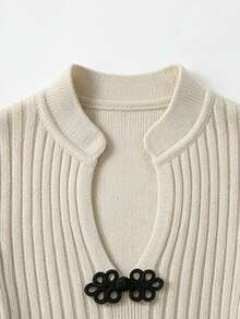 Women's Fall/Winter Oatmeal V-Neck Frog Button Soft Ribbed Knit Bodycon Mini Dress, Long Sleeve Cinched Waist Sexy Elegant Party Date Layering Wear - Apricot - View 10
