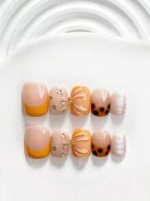 10pcs Handmade Press-On Nail Set, Poly Gel Nails, Water Drop Pattern, Rhinestone Decor, Yellow, White & Brown Nail Polish, Unique Style, Includes Nail Tools, 3 Sizes Available, Square, Short Square, Almond Shape, Suitable For Party, Dance, Daily Wear - Multicolor - View 18