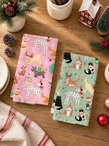 2 buah Handuk Dapur Motif Ilustrasi Pohon Natal Kartun Hewan Warna Pink & Hijau, Kain Lap Piring Poliester Lembut, Cocok untuk Dekorasi Dapur, Pembersihan Dapur, Dekorasi Pesta Liburan, Perlengkapan Dapur & Kamar Mandi, Kebutuhan Rumah Tangga, Dekorasi Rumah, Hadiah Pesta Peresmian Rumah - MultiWarna - View 5
