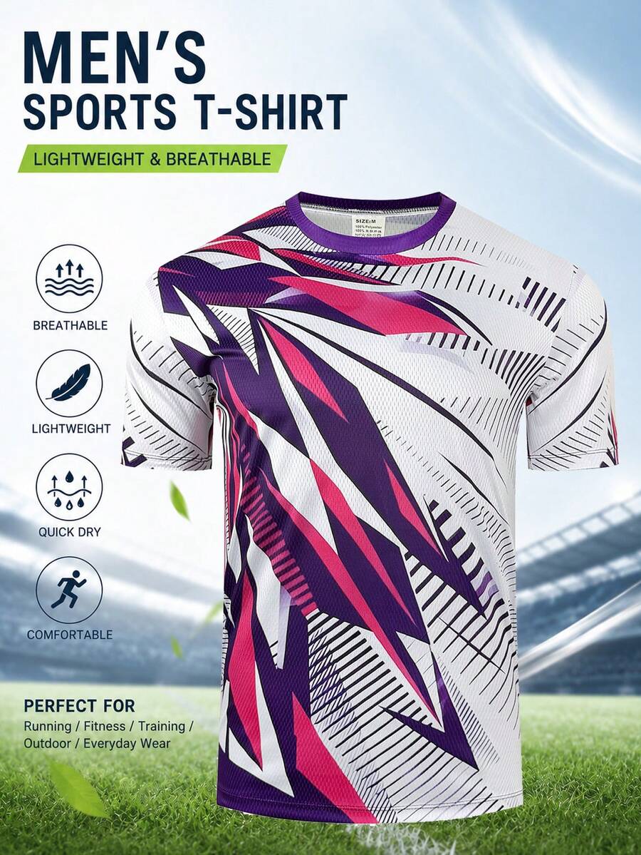 Men's Abstract Geometric Print Sports Jersey Short Sleeve Crew Neck T-Shirt, Black Green Graphic Athletic Style Tee - Multicolor - View 1