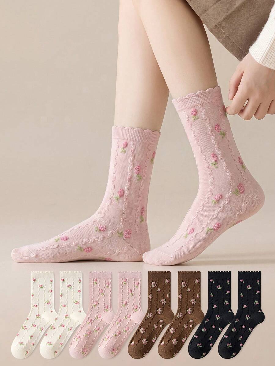 ZUJO 4 Pairs Sweet Women's Lace Mid-Calf Socks, Ditsy Floral Pattern With 3D Textured Cable Knit, Simple And Comfortable, Suitable For Spring, Autumn And Winter Wear - Multicolor - View 1
