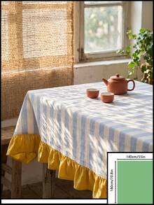 1pc Blue & White Large Plaid With Bright Yellow Ruffle Edge Tablecloth, Lively Pastoral Style Fabric Material, Rectangular Yellow Ruffle Edge Patchwork Detail Decoration, Functional Home Long Tablecloth Suitable For Family Gatherings And Vibrant Home Decor Scenes - Blue - View 15