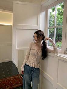 Korean Style Sexy Lace Tie Long Sleeve T-Shirt, Autumn New Slim Fit Base Layer Top - Light Khaki - View 3