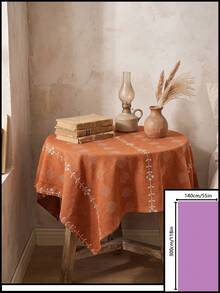 1pc Orange-Red Background White Flower Geometric Embroidered Tablecloth, Vintage Pastoral Style Fabric Material, Round Floral Vine Embroidery Detail Decoration, Home Use Round Tablecloth Suitable For Daily Home And Vintage Dining Table Arrangement - Orange - View 19