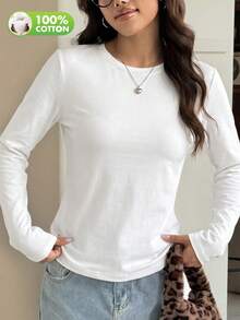 Women's Round Neck Long Sleeve T-Shirt, Slim Fit Regular White Basic Casual T-Shirt - White - View 3