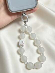 Y2K White Smiling Face Phone Lanyard, Frosted Transparent Beaded Phone Strap, Minimalist Cute Wristband - White - View 3