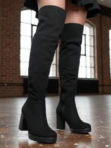 Botas con tacón para mujer, altas, cierres laterales, con suela antiderrapante y agujeta ajustable trasera. Invierno-Otoño.Comodidad. - Negro - Ver 3