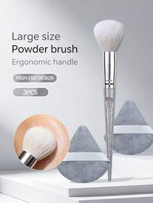 3Pcs Makeup Tool,Powder Brush,Makeup Puffs,Fluffy Face Brush For Loose Setting Powder Blush,For Even Powder Pressing - Silver - View 4