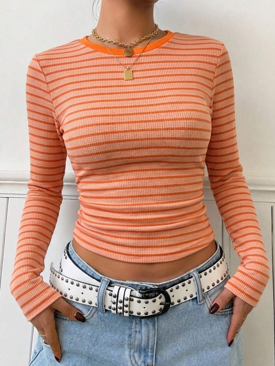 Women's Striped Colorblock Casual Versatile Daily Long Sleeve Top - Orange - View 1